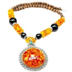 Vintage Chunky Resin Beaded Retro Statement Sun Fire Silvertone Necklace
